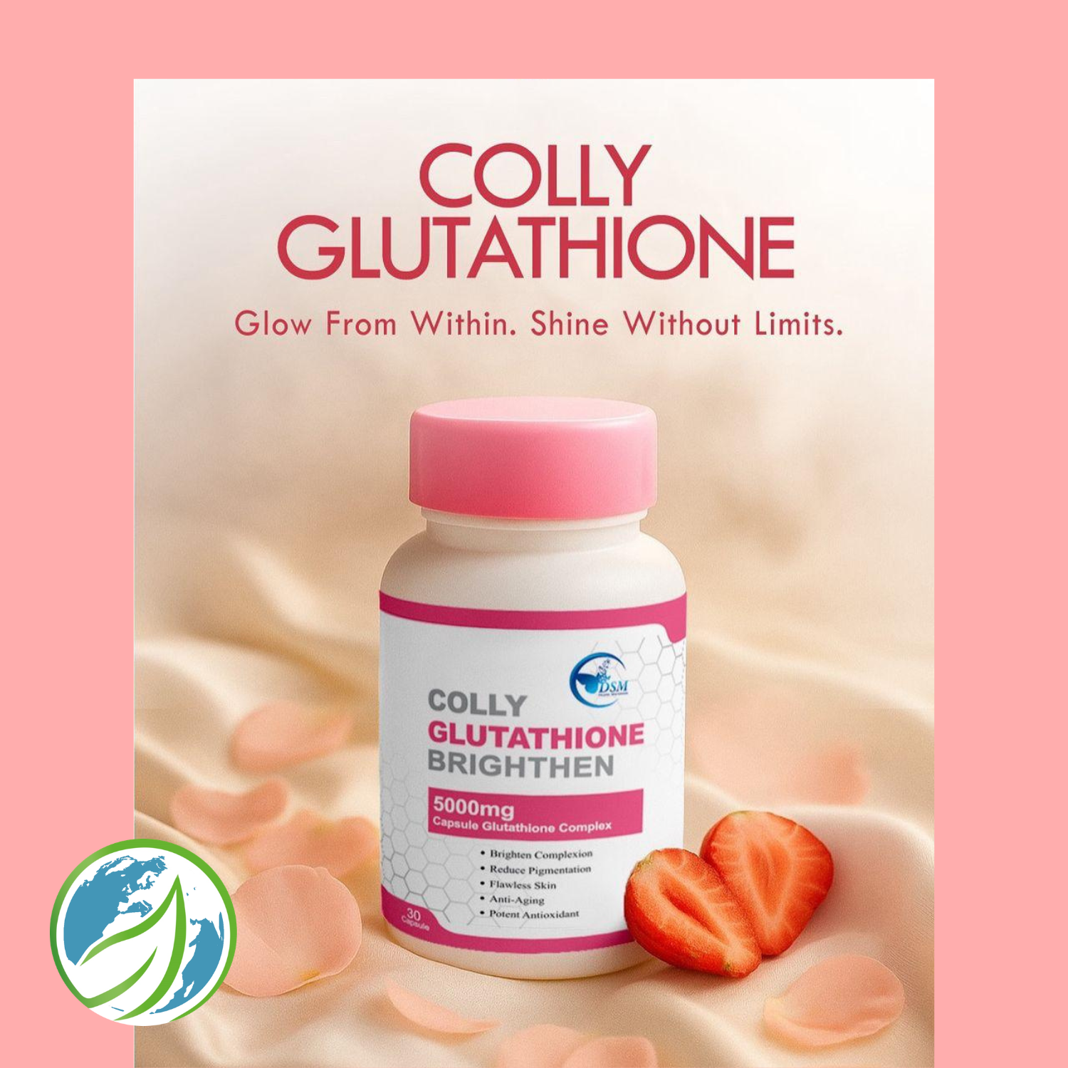 DSM - Colly Glutathione Brighthen - Eclat, Anti-Taches & Anti Age - 5000mg - 30 capsules Complément innovant formulé pour illuminer le teint, réduire les taches pigmentaires et améliorer l’élasticité de la peau. Riche en L-glutathion, reconnu pour ses propriétés anti-mélanogéniques, ce complément agit efficacement pour éclaircir la peau et atténuer les signes visibles du vieillissement.