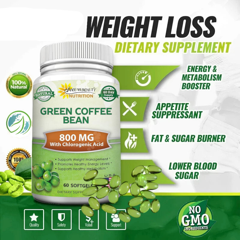 --Extrait de café vert à 50 % d'acides chlorogéniques 800MG - GREEN COFFEE BEAN - pour le métabolisme, antioxydant naturel et perte de poids, à base de plantes - 60 capsules molles végétaliennes --Extrait de café vert à 50 % d'acides chlorogéniques 800MG - GREEN COFFEE BEAN - pour le métabolisme, antioxydant naturel et perte de poids, à base de plantes - 60 capsules molles végétaliennes