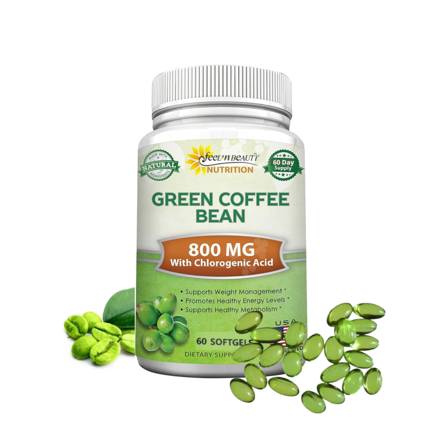 Extrait de café vert à 50 % d'acides chlorogéniques 800MG - GREEN COFFEE BEAN - pour le métabolisme, antioxydant naturel et perte de poids, à base de plantes - 60 capsules molles végétaliennes Extrait de café vert à 50 % d'acides chlorogéniques 800MG - GREEN COFFEE BEAN - pour le métabolisme, antioxydant naturel et perte de poids, à base de plantes - 60 capsules molles végétaliennes