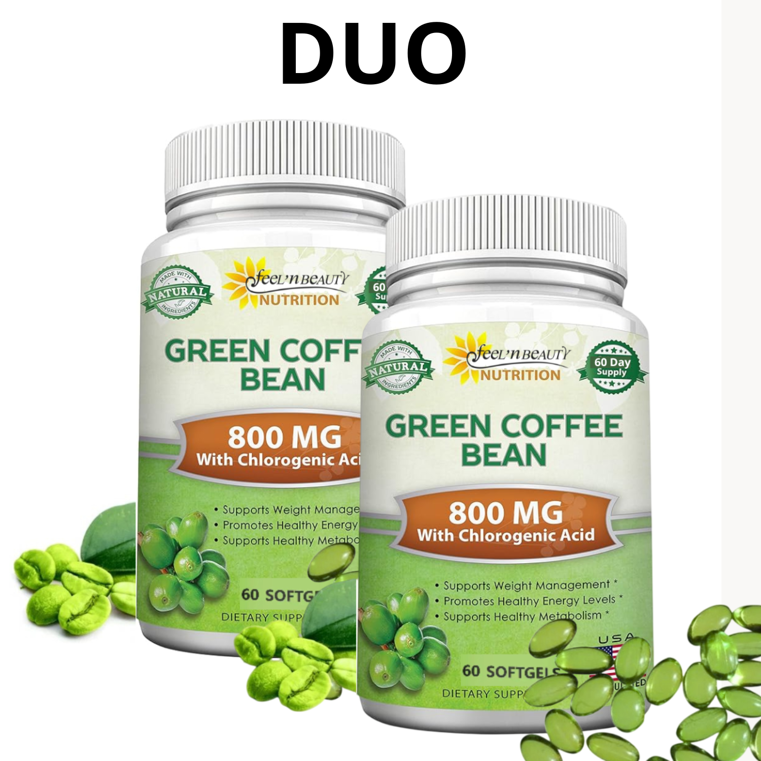 DUO d'Extrait de café vert à 50 % d'acides chlorogéniques 800MG - GREEN COFFEE BEAN - pour le métabolisme, antioxydant naturel et perte de poids, à base de plantes - 60 capsules molles végétaliennes DUO d'Extrait de café vert à 50 % d'acides chlorogéniques 800MG - GREEN COFFEE BEAN - pour le métabolisme, antioxydant naturel et perte de poids, à base de plantes - 60 capsules molles végétaliennes