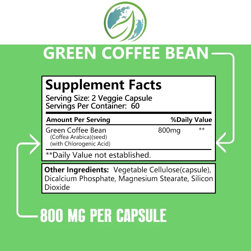----Extrait de café vert à 50 % d'acides chlorogéniques 800MG - GREEN COFFEE BEAN - pour le métabolisme, antioxydant naturel et perte de poids, à base de plantes - 60 capsules molles végétaliennes ----Extrait de café vert à 50 % d'acides chlorogéniques 800MG - GREEN COFFEE BEAN - pour le métabolisme, antioxydant naturel et perte de poids, à base de plantes - 60 capsules molles végétaliennes